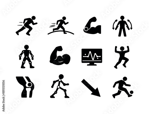 Sports Movement Icons. Sports science movement. Solid icon set of sports science movement: dynamic runner, motion arc, flexion point, range of motion, limb