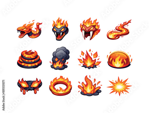 Fire Serpents Icons. Fire serpents. Colorful isometric vector icons set of Fire serpents: flame-bodied snake, fire crown head, blazing fangs, ember trail, lava