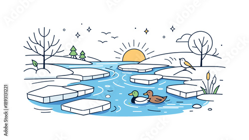 River's Spring Awakening. River awakening. Ice plates drifting apart as water begins to flow freely beneath. Peaceful atmosphere of nature slowly coming back