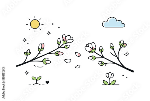 First Spring Blooms. First spring blooms. Small buds appearing on branches with a few petals starting to unfold. Calm sense of nature waking up and gentle