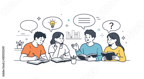 Library Study Group. Library study group discussion. Students exchanging ideas with notebooks and speech bubbles, thoughtful mood and respectful communication.