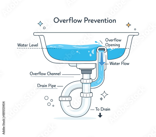 Sink Overflow Diagram. Overflow prevention detail. Diagram-like view of water reaching the sink overflow opening, illustrating proper installation and water