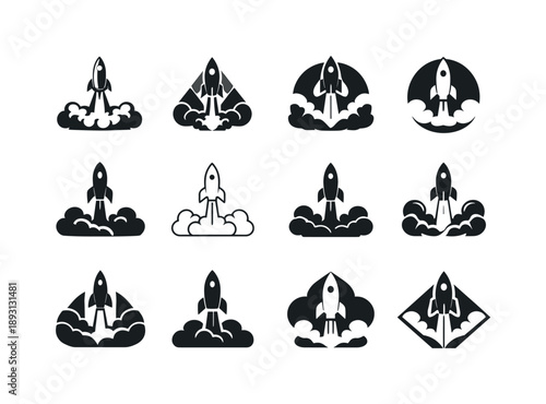 Rocket Emblem Variations. Rocket blast-off. Icon set. Set Logo of rocket blast-off: rocket launch smoke cloud. harmonious logo variations of the same