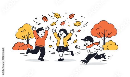 Autumn Leaves Play. Autumn park fun. Children tossing and chasing leaves with trees and bushes in fall colors around, capturing seasonal excitement and outdoor