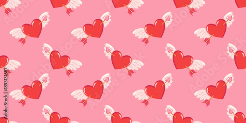 Seamless love pattern with winged hearts and arrows on pink background. Hand drawn Valentine vector print