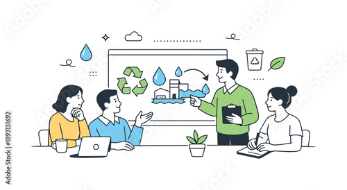 Eco-Friendly Solutions Discussion. Water treatment and waste management solutions. A small team discussing recycling and water reuse ideas around a simple