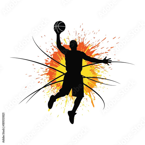 Dynamic illustration of a basketball player in mid-air, dunking a ball with energetic motion lines and vibrant splashes
