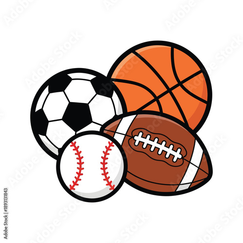 Collection of sports equipment including soccer ball, basketball, football, and baseball on a clean background from a straightforward view
