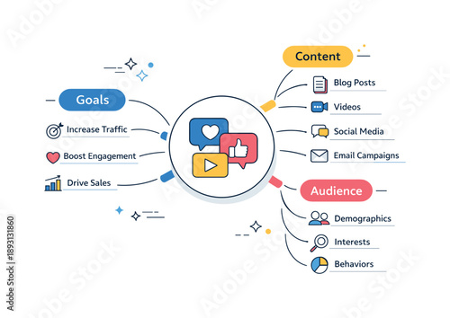 Digital Marketing Blueprint. Digital marketing mind map. A central social media icon with branches showing goals, content formats, and audience segments. Clear
