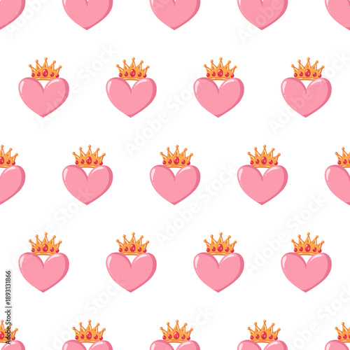 Seamless hand drawn love pattern with pink hearts and golden crowns on white background. Hand drawn romantic vector print 
