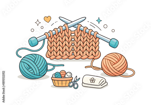 Knitting Comfort. Weaving and knitting home textiles ? handmade comfort. Close-up view of knitting needles and yarn creating a textile pattern, slow and