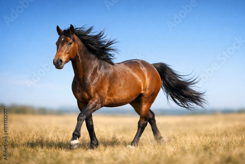 AI generated horse trotting in open field with flowing mane under bright blue sky conveying freedom motion strength and natural beauty with clean copy space