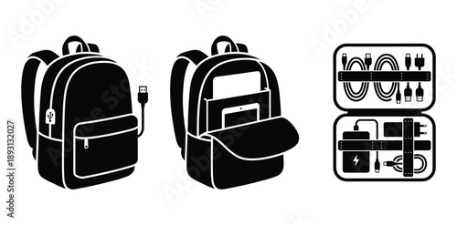 Backpack vector icon laptop bag organizer gadget charger cable and adapter modern rucksack travel accessory