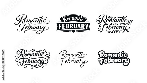 Romantic February Stamps. Romantic February Stamps. Set lettering. harmonious lettering variations of the same emblematic concept, each with different artistic