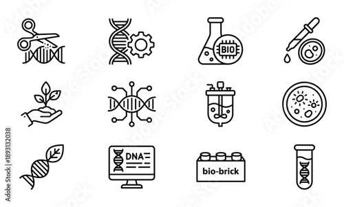 Bioengineering concept vector set with dna, laboratory, equipment, molecule and biotechnology