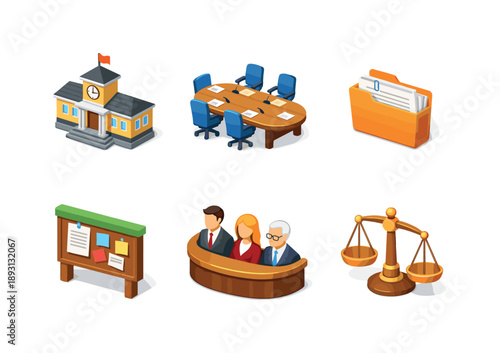 Local Governance Icons. Local governance. Isometric flat vector icons set of local governance: city hall, council table, document folder, public notice board,