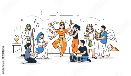 Spiritual Performing Arts. Performing arts with religious influence. Actors or dancers rehearsing or performing with costumes and props inspired by spiritual