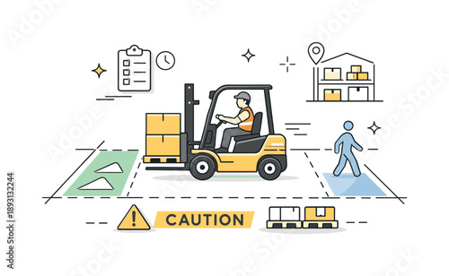 Industrial Safety Organization. Industrial floor markings. A forklift operating within marked lanes, clear symbols and stripes organizing movement. The scene