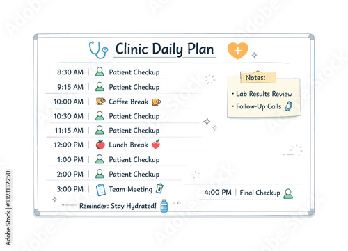 Clinic Schedule Overview. Clinic daily plan. A whiteboard showing a full-day schedule with checkups, breaks, and notes arranged clearly. The illustration