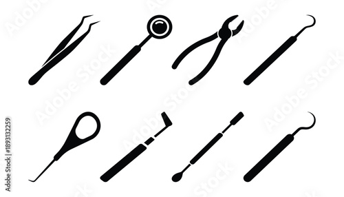Dentist tools vector icon dental instrument equipment oral hygiene mirror tweezers and scaler tooth care