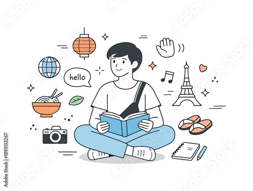 Cultural Adaptation Journey. Cultural adaptation overview. A person surrounded by subtle cultural symbols and icons, calmly adjusting to a new environment. The