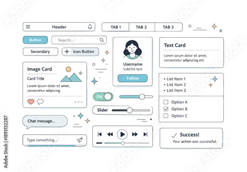 Minimalist Mobile Wireframe. Mobile UI wireframe elements. Clean layout of simplified smartphone interface components like buttons, tabs, and cards in a