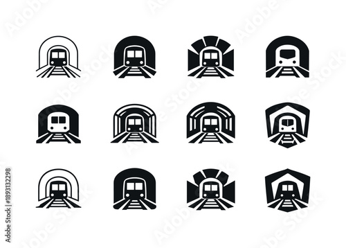 Subway Train Logos. A subway train moving through underground tunnels, with passengers inside. Icon set. Set Logo of a subway train moving through underground