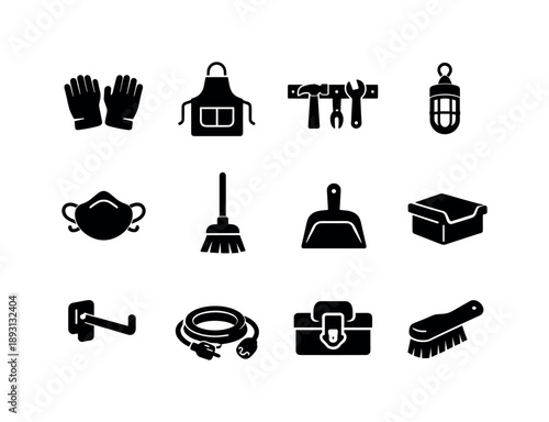 Workshop Essentials Icons. Hands-on job. Solid icon set of general workshop essentials: work gloves, apron, tool rack, shop light, dust mask, broom, dustpan,