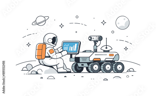 Lunar Rover Discovery. Future space research. A rover stops to analyze data on a tablet-like panel while parked on a distant moon surface. Thoughtful pause,