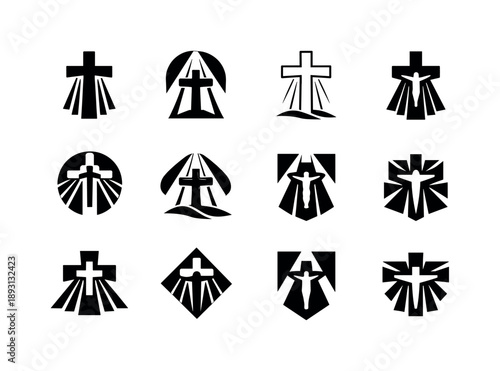 Crucifixion Logo Variations. Crucifixion. Icon set. Set Logo of Crucifixion: cross with descending light beam. harmonious logo variations of the same