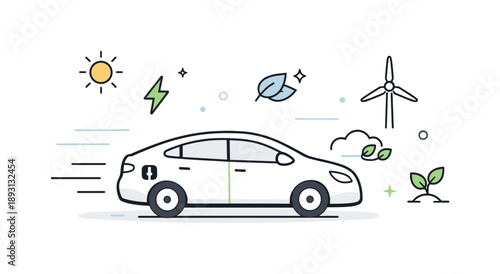 Electric Future Ride. Clean energy driving. Electric vehicle moving smoothly with subtle motion lines, quiet ride and reduced emissions. Airy composition with