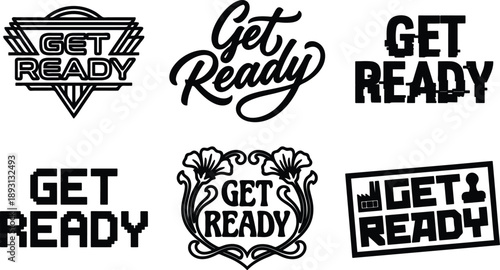 Collection of get ready text and label designs on white background