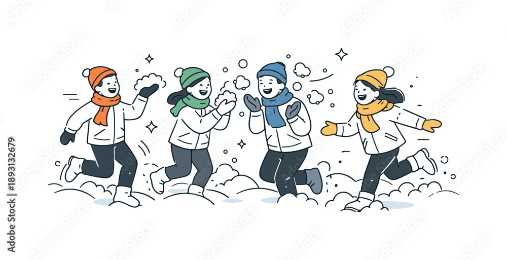 Naklejka premium Joyful Snow Play. Playing in snow together. A group mid-laugh while tossing snow or running through soft powder. Light winter motion, connection, and simple