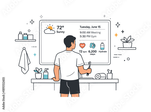 Smart Mirror Morning. Smart mirrors and interactive home tech. A modern bathroom scene with a person standing in front of a smart mirror displaying weather,