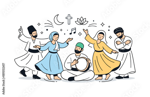 Spiritual Dance Unity. Religious influence on music and dance. A group of people performing traditional dance movements inspired by spiritual rituals, calm