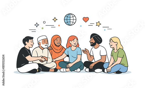 Global Unity. Together in diversity. People of various cultural backgrounds connecting in a calm group setting, exchanging smiles or gestures. Scene