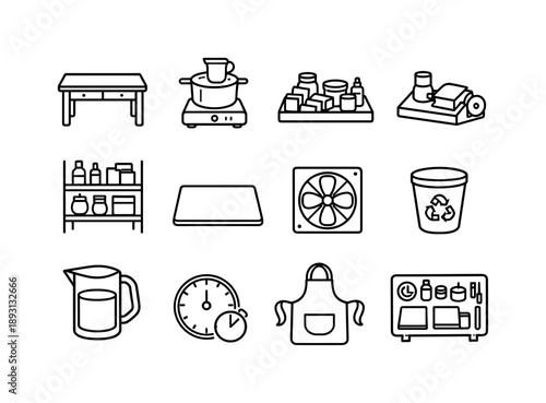 Eco Candle Icons. Eco candle workshop setup. Line icon set of eco candle workshop setup: worktable, melting station, materials tray, labeling station, supply