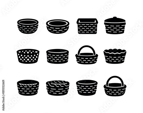 Wicker Basket Icons. Wicker baskets. Solid icon set of Wicker baskets: round wicker basket, oval basket, square basket, lidded basket, open weave basket, tight