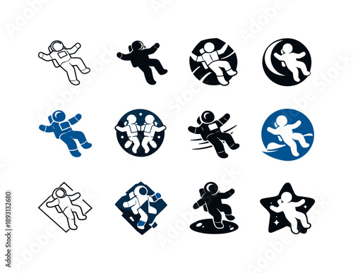 Floating Astronaut Icons. Weightlessness. Icon set. Set Logo of Weightlessness: floating astronaut. harmonious logo variations of the same emblematic concept,