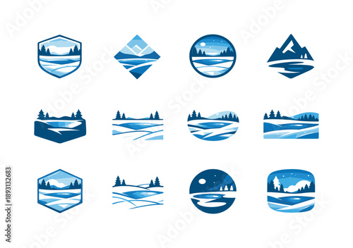 Snowfield Logo Variations. Snow-covered field with a frozen pond in the distance. Icon set. Set Logo of snow-covered field with a frozen pond in the distance: