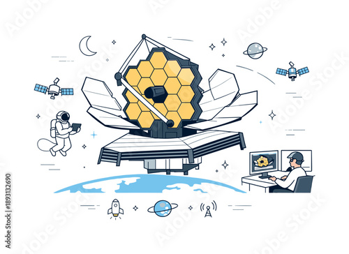 Next-Gen Space Observatory. Next-generation space observatory. Large space telescope with segmented mirror panels opening in orbit, quiet and focused