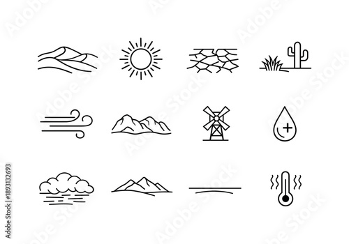 Arid Icon Set. Arid environment. Line icon set of Arid environment: dry dunes, scorching sun, cracked earth, sparse vegetation, wind gust lines, barren hills,