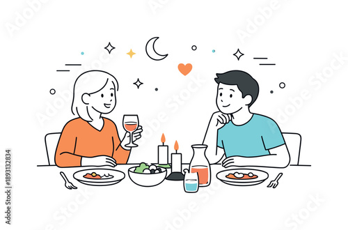 Cozy Home Dinner. Cozy dinner at home. Simple plates, candles, and relaxed conversation, feeling of comfort and togetherness. Clean interior scene with minimal