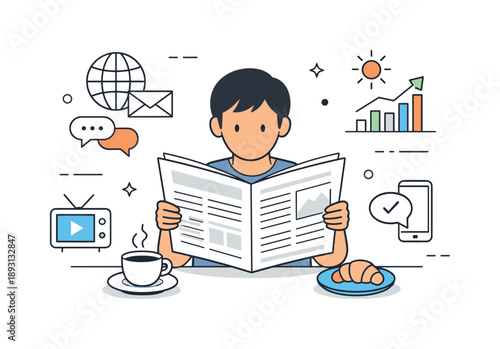 Morning News Ritual. Morning news routine. A person reading a newspaper at a kitchen table with coffee, subtle abstract news icons around. Calm start-of-day
