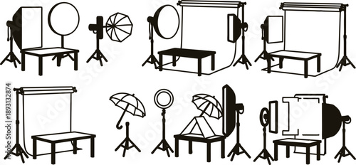 Various photography studio equipment setups for product and portrait photography with lighting and backdrop stands  multiple configurations