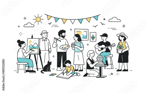 Creative Community Gathering. Local art community scene. Artists and residents sharing a creative moment in a neighborhood setting, blending everyday life and