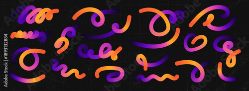 Collection of 20 abstract gradient blending shapes in vibrant orange, pink, and purple hues. Fluid ribbon-like form with dynamic twists, swirls. Perfect for patterns, halftone collages and posters.