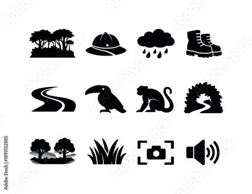 Rainforest Icon Set. Rainforest Adventure. Solid icon set of Rainforest Adventure: jungle canopy, explorer hat, rain cloud, boots, river bend, toucan