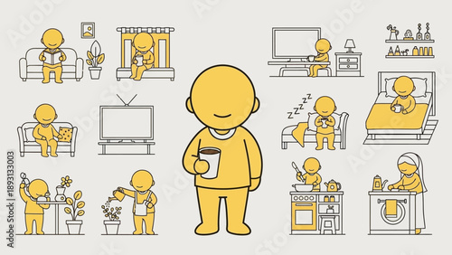 Cute Yellow Character Engaged in Daily Activities and Hobbies.