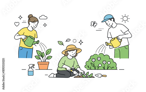 Peaceful Plant Care. Caring for greenery. People holding watering cans and tending to plants, soft movement lines showing water flow, peaceful mood and mindful